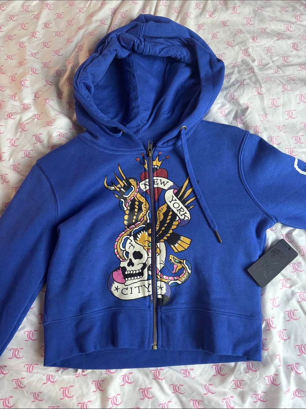 Ed Hardy Royal Blue Zip-Up Hoodie with Multicolor Tattoo Graphic